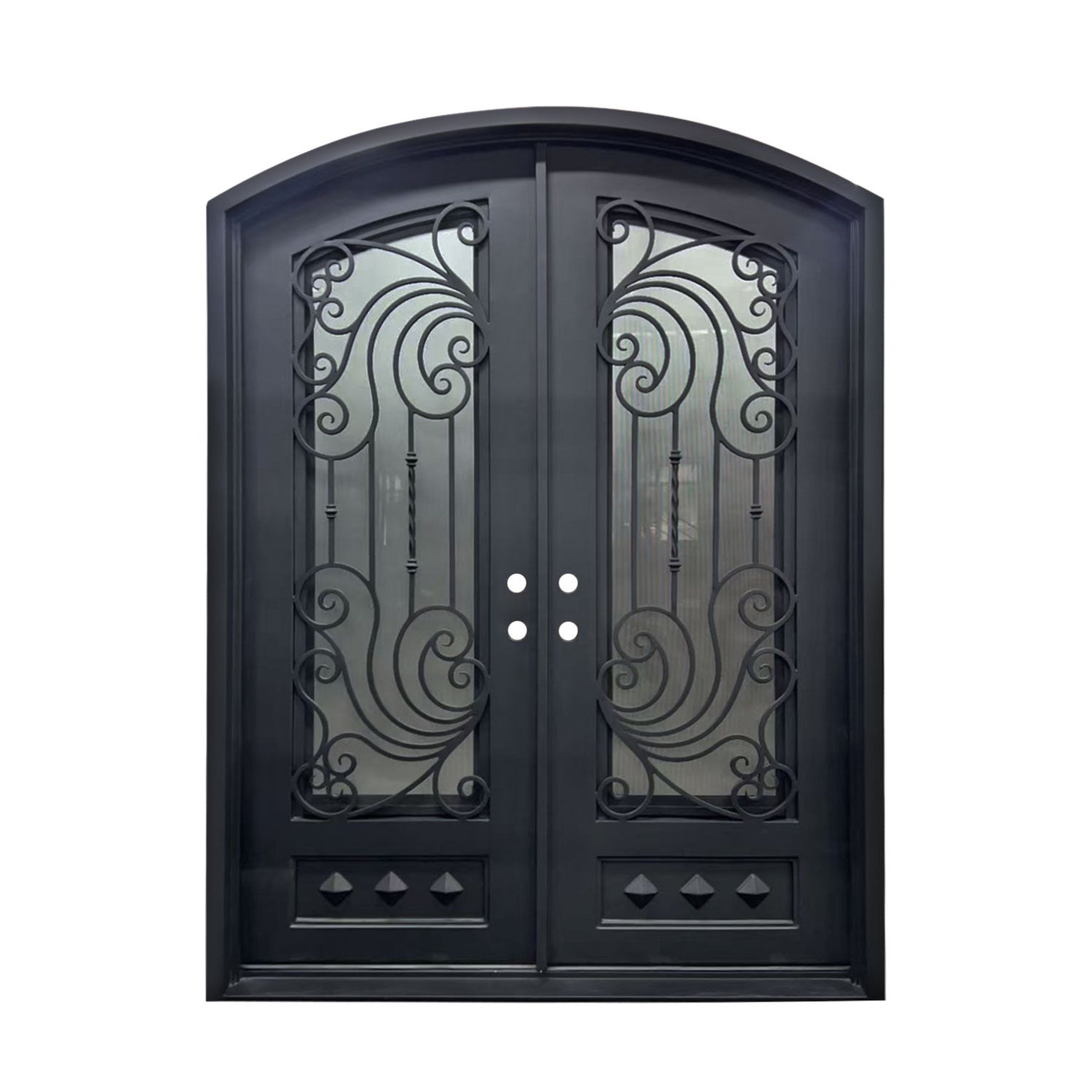 Iron Double Arched Front Entry Door with Ornate Design